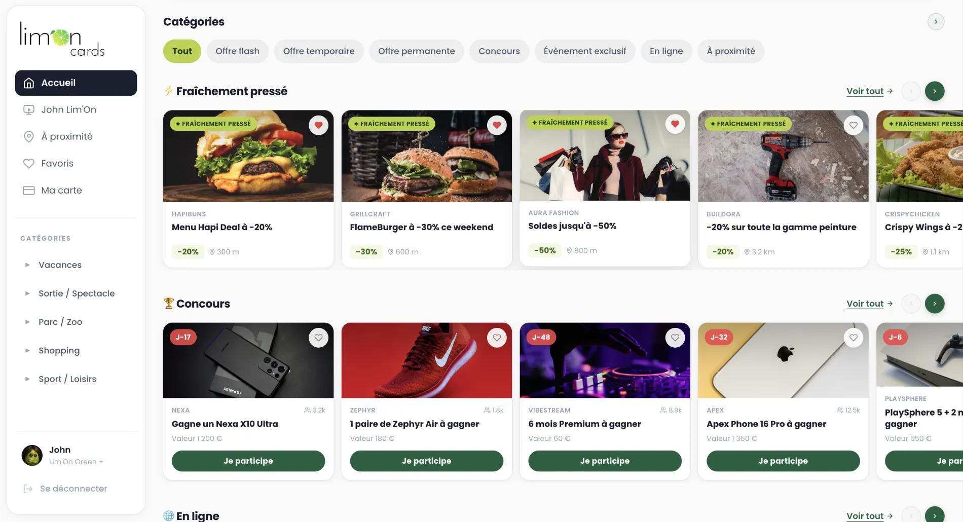 Plateforme web Lim’On Cards — page d’accueil et offres géolocalisées